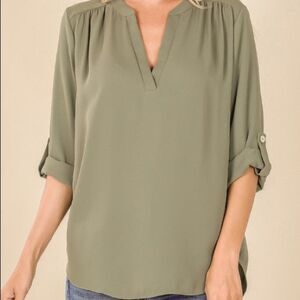 Henley Blouse V Neck & Cuffed Sleeves